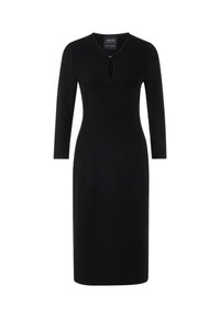 Schwarzes Kleid mit langen Ärmeln und Schlüsselloch-Ausschnitt, aus glattem Stoff gefertigt. Hat eine taillierte Silhouette und einen knielangen Saum.