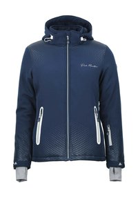Veste softshell bleu marine au design ajusté, avec des panneaux supérieurs texturés et des poches zippées. Elle est dotée d'une capuche et d'accents gris clair contrastants.