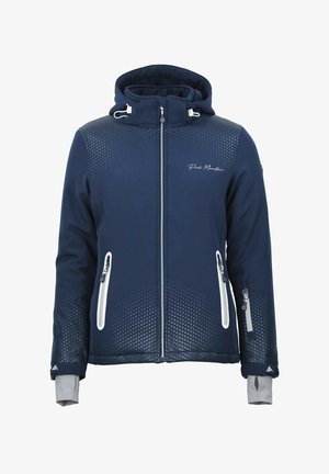 Veste softshell bleu marine au design ajusté, avec des panneaux supérieurs texturés et des poches zippées. Elle est dotée d'une capuche et d'accents gris clair contrastants.