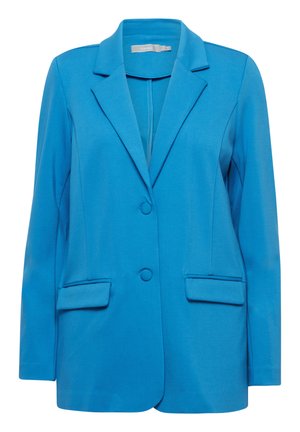 Modra blazer iz gladkega blaga, z izrezom na reverjih, dvema sprednjima žepoma in dvema gumboma. Prilagojen kroj z dolgimi rokavi.
