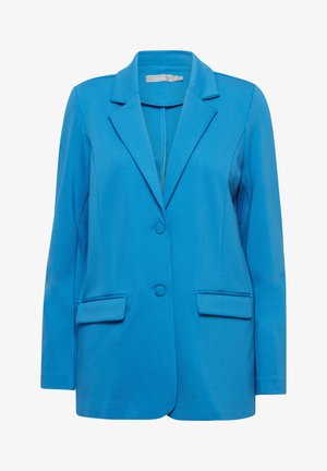 Modra blazer iz gladkega blaga, z izrezom na reverjih, dvema sprednjima žepoma in dvema gumboma. Prilagojen kroj z dolgimi rokavi.