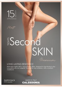 Matt transparente strømpebukser mærket "Second Skin," 15 denier, med en glat tekstur og komfortabel taljebånd. Bæredygtig emballage.