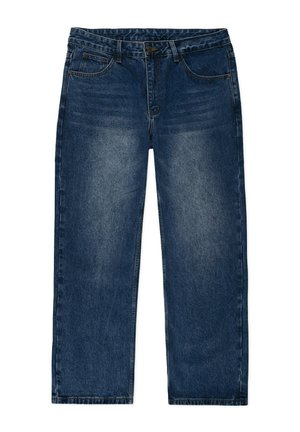 Jeans dżinsowe w ciemnoniebieskim odcieniu, z prostym krojem nogawki, pięcioma kieszeniami oraz standardowym pasem z zapięciem na guzik.