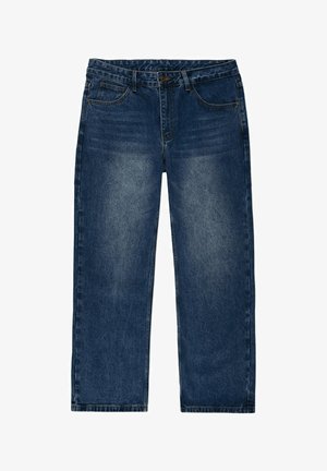 Jeans dżinsowe w ciemnoniebieskim odcieniu, z prostym krojem nogawki, pięcioma kieszeniami oraz standardowym pasem z zapięciem na guzik.