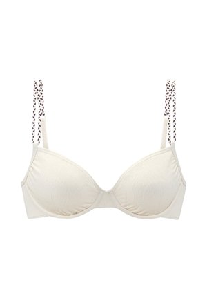 Cream-colored padded bra with subtle embossed pattern and double brown-and-white braided straps on a white background.