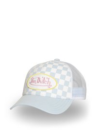 Casquette de baseball à carreaux bleu clair et blanc avec un dos en maille et un patch logo "Von Dutch" en rose et jaune à l'avant.