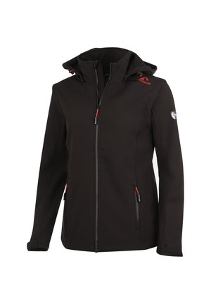 Schwarze Softshell-Jacke mit Kapuze, mit roten Reißverschlussakzenten und zwei Seitentaschen. Glatte Textur, taillierte Passform und Logo auf dem Ärmel.