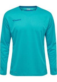 Langärmliges Sportshirt in leuchtendem Türkis. Hergestellt aus glattem, leichtem Stoff mit Rundhalsausschnitt. Verfügt über ein Logo in dunklerem Blau.
