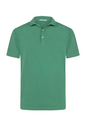 Polo verde a maniche corte con due bottoni e colletto piegato, stile semplice, mostrata su sfondo bianco.