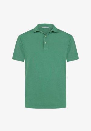 Polo verde a maniche corte con due bottoni e colletto piegato, stile semplice, mostrata su sfondo bianco.