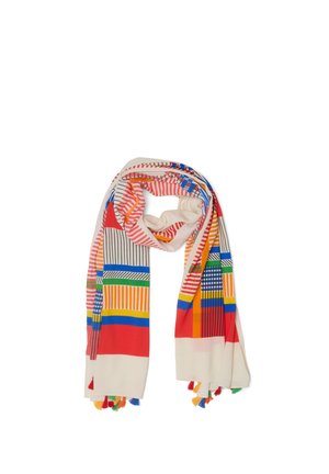 Schal mit kräftigen geometrischen Mustern in roten, blauen, gelben, grünen und schwarzen Streifen auf weißem Stoff, mit mehrfarbigen Fransen an den Rändern.