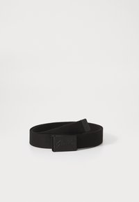 Black fabric belt featuring a textured surface and a rectangular black buckle with embossed logo. Smooth edges, simple and functional design.