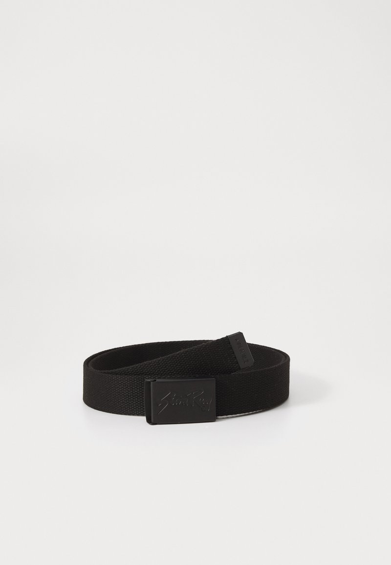 Black fabric belt featuring a textured surface and a rectangular black buckle with embossed logo. Smooth edges, simple and functional design.