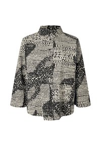 Camicia a motivi con un design nero e beige, caratterizzata da varie trame, colletto e chiusura a bottoni. Vestibilità rilassata e maniche a tre quarti.
