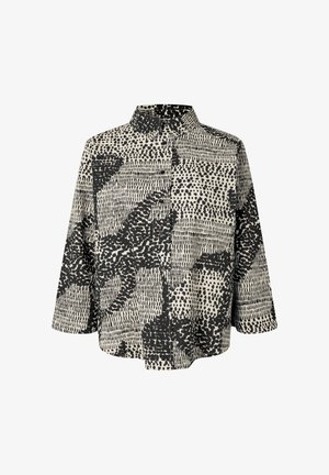 Gepatteerde overhemd met een zwart en beige ontwerp met verschillende texturen, een kraag en een knoopsluiting aan de voorkant. Relaxte pasvorm en driekwartmouwen.