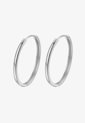 Srebrne kolczyki koła o gładkim, polerowanym wykończeniu; okrągły kształt, średni rozmiar, wyposażone w bezpieczny mechanizm zapinania ułatwiający noszenie.