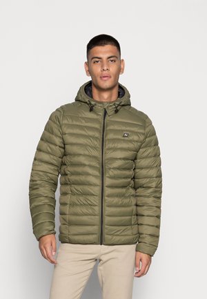 Olive green padded jacket with a zip front, adjustable hood, and ribbed cuffs. Features a logo on the chest and horizontal quilted pattern.