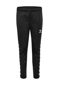 Svarta träningsbyxor med elastisk midja, prydda med vitt logo och sidostråk. Tillverkade av ett mjukt, lätt tyg för komfort.