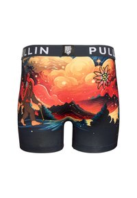 Boxer shorts présentant un design de paysage vibrant avec un coucher de soleil coloré. Fabriqués en tissu doux avec une taille noire portant l'inscription "PULLIN."