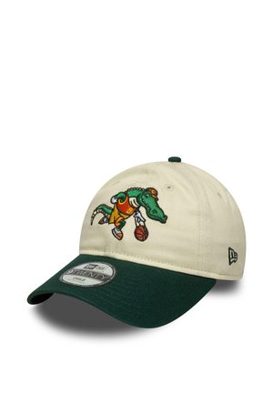 Beige and dark green child-sized cap with embroidered cartoon alligator playing basketball on front panel.