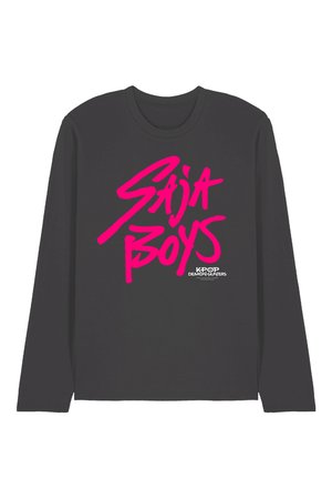 Black long-sleeve shirt with bright pink graffiti-style text "Saja Boys" and smaller white text below reading "KPOP Demon Hunters."