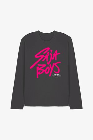 Black long-sleeve shirt with bright pink graffiti-style text "Saja Boys" and smaller white text below reading "KPOP Demon Hunters."