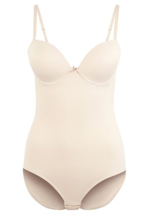 Beige bodysuit with molded cups, thin adjustable straps, a small decorative bow at the center, and a smooth, stretchy fabric finish.