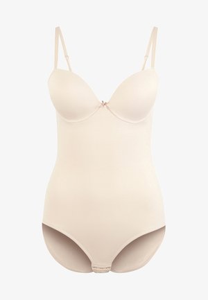 Beige bodysuit with molded cups, thin adjustable straps, a small decorative bow at the center, and a smooth, stretchy fabric finish.