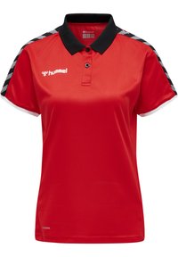 Red polo shirt with a black collar, short sleeves, and contrasting striped accents on shoulders. Features the "hummel" logo.