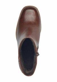 Bottillon en cuir marron avec une finition lisse, fermeture éclair sur le côté et une doublure intérieure douce et texturée. Bout rond et semelle robuste.