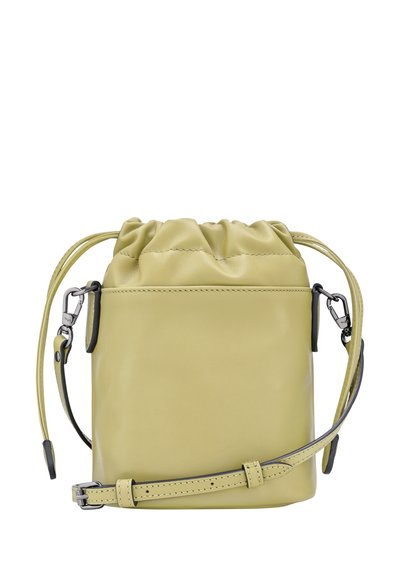 Drawstring bucket bag in light green faux leather, featuring a cinched top, adjustable strap, and metallic hardware accents. Smooth texture.