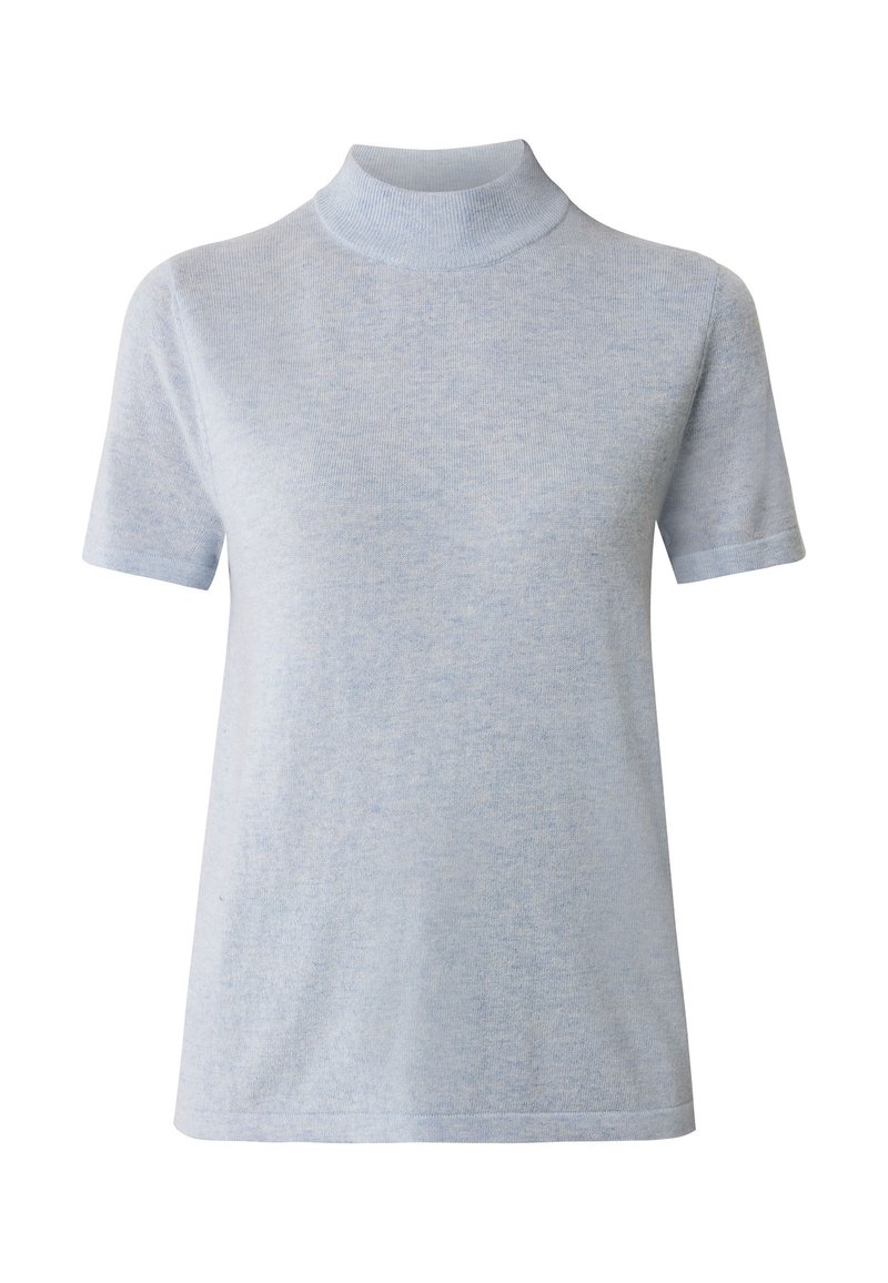 Jasnoniebieski, krótki rękaw, golf wykonany z miękkiego materiału, charakteryzujący się dopasowanym krojem i gładką, delikatną fakturą. Brak widocznych wzorów lub akcentów.