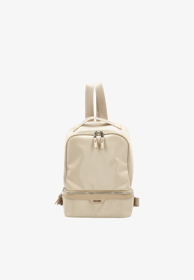 Beige Rucksack aus strukturiertem Nylon mit doppeltem Reißverschluss, verstellbaren Trägern und einer Vorderentasche mit dezentem Logo.
