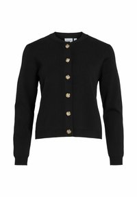 Cardigan noir en tissu tricoté doux, avec des manches longues et un col rond. Fermé à l'avant par six boutons dorés.