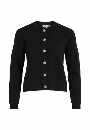 Zwarte cardigan van een zachte brei-stof, met lange mouwen en een ronde halslijn. Voorkant gesloten met zes gouden knopen.
