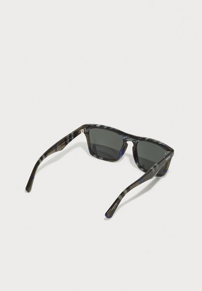 Sunglasses with black and blue patterned frames, rectangular shape, dark gray lenses, accented hinges, and textured arms.