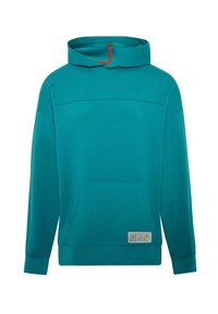Tyrkysová mikina s kapucňou a predným vreckom, so zvislým švom na hrudi a štítkom na spodnej strane. Mäkkučký povrch.