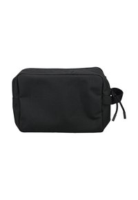 Neceser rectangular negro hecho de tela duradera, con cierre de cremallera y asa lateral para un transporte fácil. Textura suave.