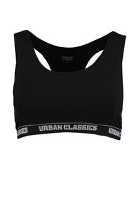 Svart sport-bh med ett brett elastiskt band som har texten "URBAN CLASSICS". Tillverkad av stretchtyg, med rundad halsringning och racerback-design.