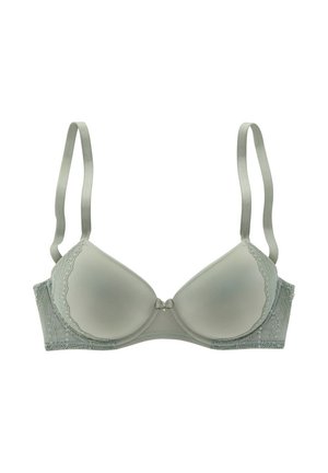 Lichtgroene gewatteerde bh met kantafwerking, verstelbare bandjes en een klein strikje in het midden. Glad textuur met een subtiele glans.