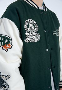 Giacca varsity verde e crema con dettagli ricamati, incluse grafiche su maniche e parte anteriore. Presenta bottoni a scatto e tasche laterali.