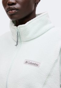Personne portant une veste polaire de couleur claire avec un col zippé et un logo visible de la marque Columbia sur la poitrine.