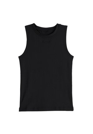 Svart ärmlös tanktopp i slät tyg, med rund halsringning och en subtil logotypdetalj fram. Enkel och figurnära design.