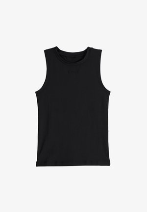 Svart ärmlös tanktopp i slät tyg, med rund halsringning och en subtil logotypdetalj fram. Enkel och figurnära design.