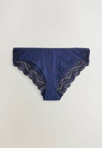 Tumši zili apakšveļa ar gludu kokvilnas priekšpusi un sarežģītu mežģīņu apdari sānos, ar viļņotām malām un komfortablu piegulumu.