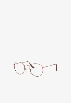 Occhiali da vista in metallo bronzo con lenti ovali, montatura sottile e dettagli marroni sulle tempie. Naselli regolabili visibili per una migliore vestibilità.