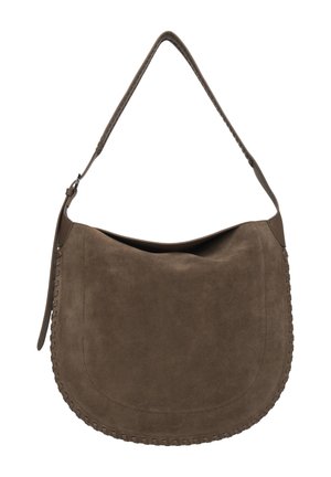Brown suede hobo bag with a single shoulder strap and braided detailing along the curved bottom and sides.