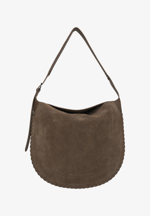 Bruine suède hobo tas met één schouderriem en gevlochten details langs de gebogen onderkant en zijkanten.