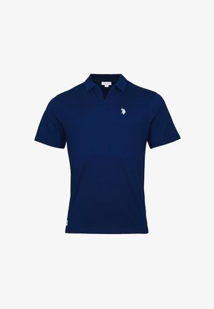 Tengerészkék rövid ujjú galléros póló, bal mellrészen kis fehér hímzett logóval.