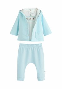 Lichtblauwe driedelige outfit bestaande uit een hooded jack met drukknoopsluiting, een witte shirt met dierenborduursels en gestreepte broeken.